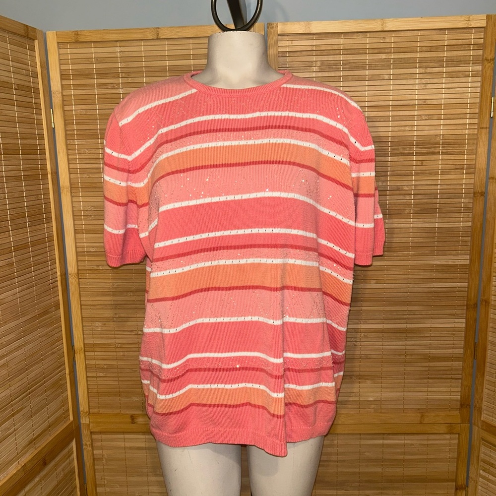 Alfred Dunner peach pink beaded striped short sleeve sweater top shirt XL